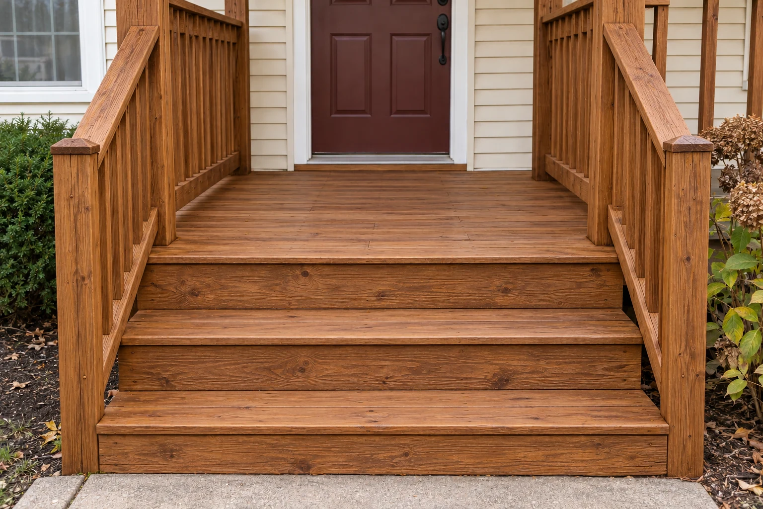 The same porch with repaired steps and refinished timber.