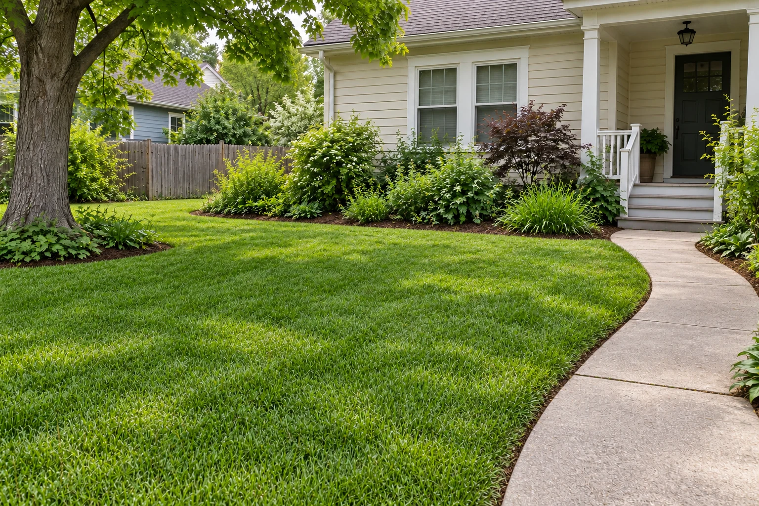 The same garden with cut lawn, edged path and maintained beds.