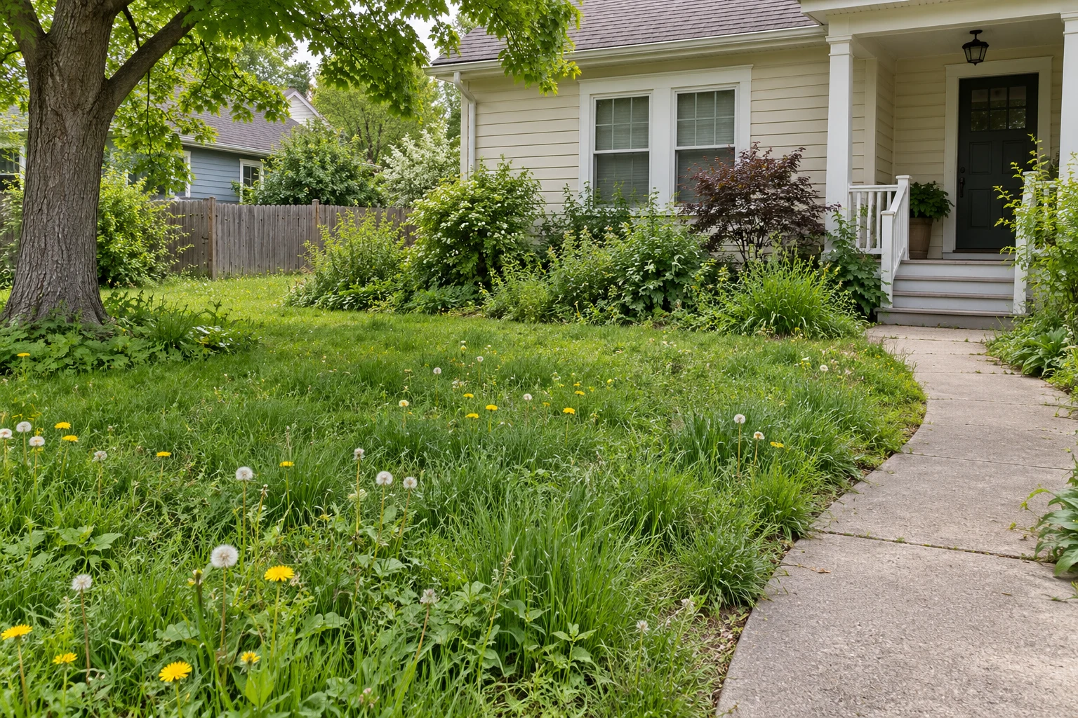 Overgrown front lawn and weedy garden beds before maintenance.