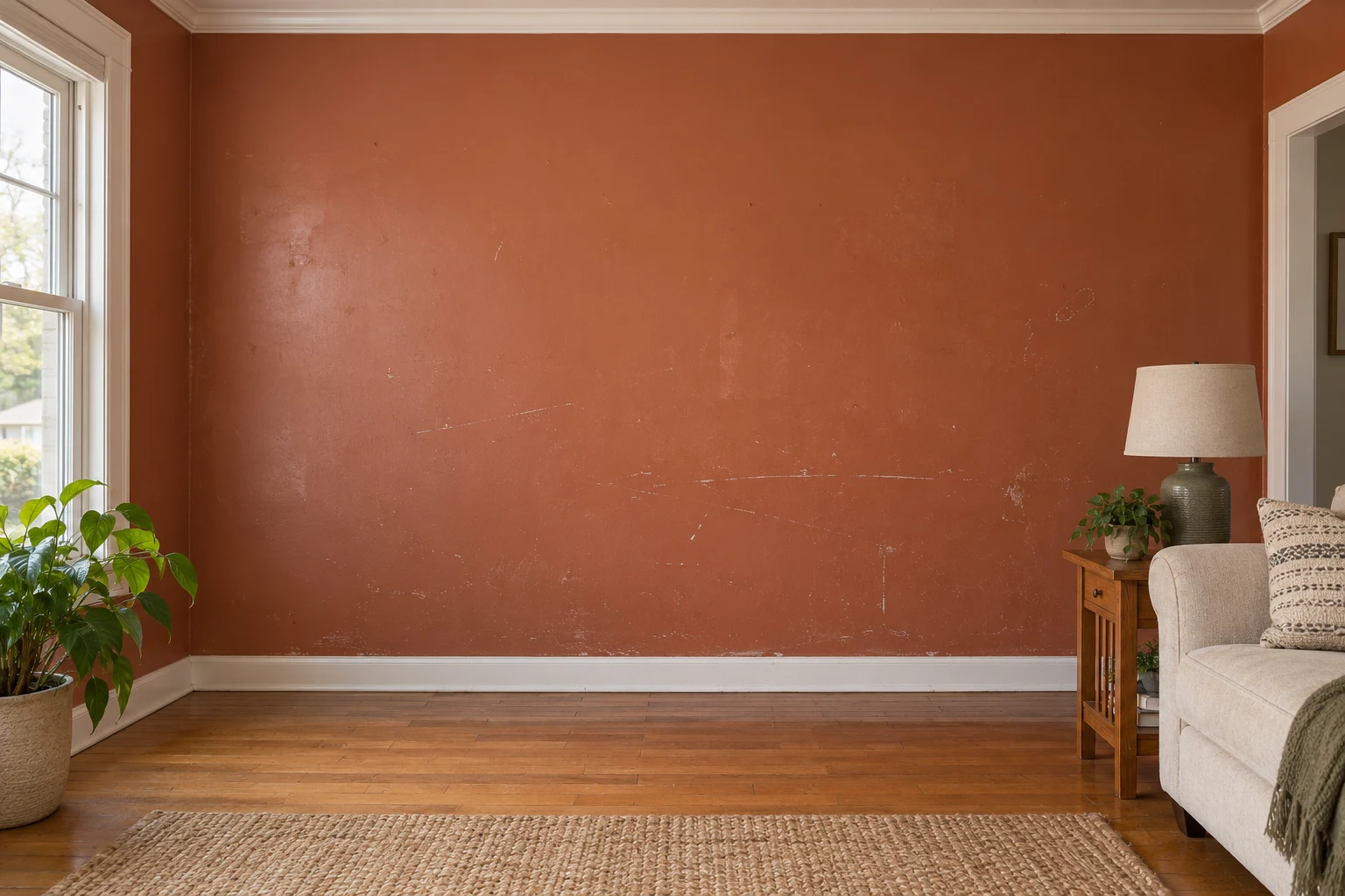 Room with scuffed terracotta walls before repainting.