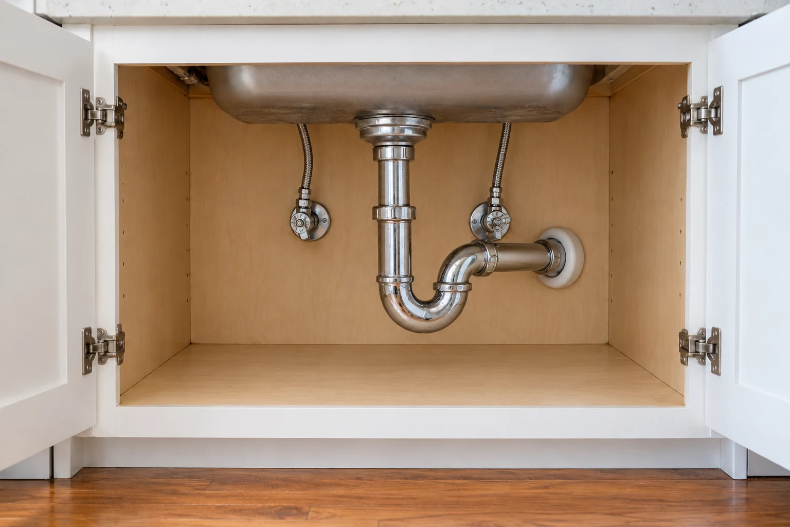 The same cabinet with clean replacement plumbing and a dry base.